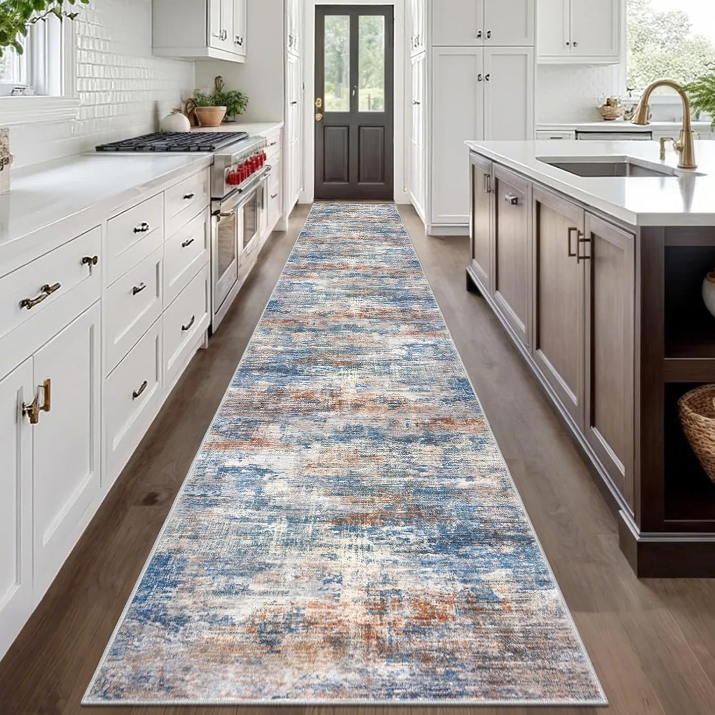 IOHOUZE Abstract Runner Rug 3x20 Ft Extra Long Washable Runners for Hallways, Non Slip Kitchen Runner Printed Faux Wool Entryway Runner Indoor, Modern Abstract Floor Carpet for Hall Stair, Blue Rust