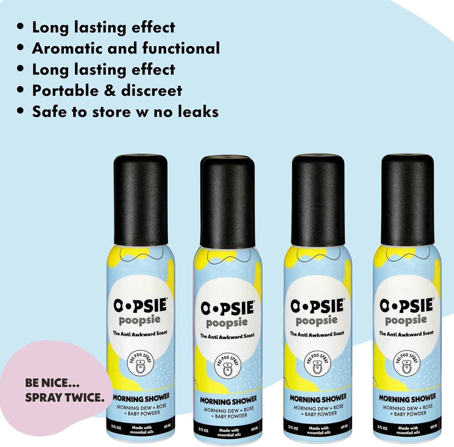 OOPSIE POOPSIE - Morning Shower - Before & After You Go Toilet Spray 2oz - Portable Odor Eliminator - 4 Pack