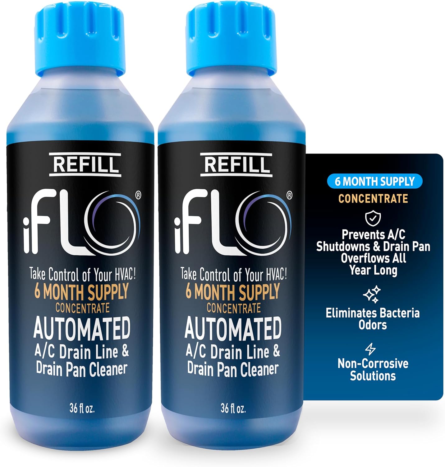 iFLO® Smart A/C Drain Line Cleaner and Drain Pan Cleaner Cartridge Concentrate, Fast-Acting, Long-Lasting HVAC System Solution for Tough Clogs & Buildup, 6-Month Supply per Bottle, 2 Pack of 36oz