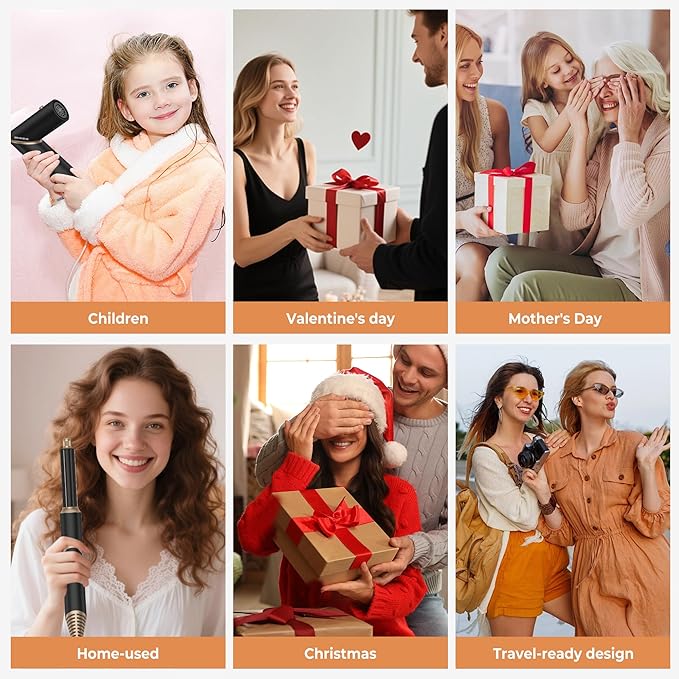 6 in 1 Hair Dryer Brush, Foldable Blow Dryer Brush with Wrap Curler, Detachable Air Hair Styler Curling, Drying,Volumizing, Straightening, Negative Ionic Hair Dryer with Diffuser, Hair Styling Tools