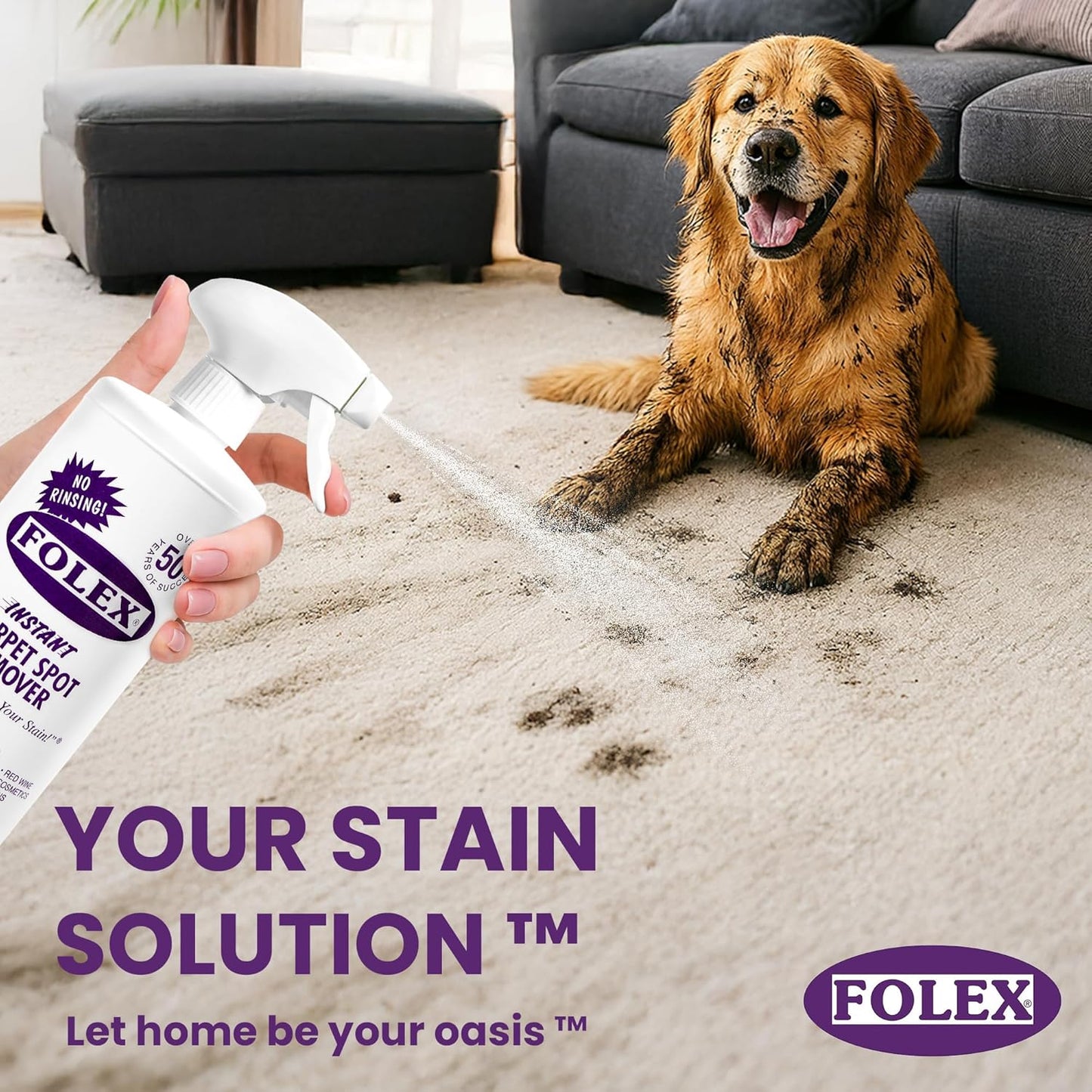 FOLEX Instant Carpet Spot Remover 32 oz – Powerful Stain Remover for Carpets, Upholstery & Rugs – Eliminates Pet Stains, Grease, Red Wine, Food, Makeup & More – With Reusable Cleaning Cloth – 1 Pack