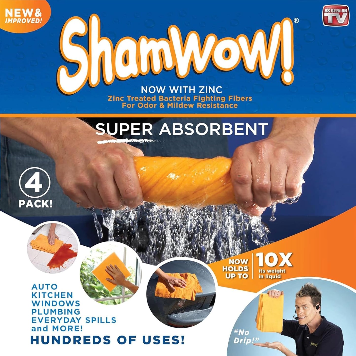 ShamWow Original Super Absorbent Multi-Purpose Cleaning Shammy Chamois Towel Cloth - Holds 10X its Weight in Liquid - Machine Washable - Will Not Scratch (4 Pack, Orange)