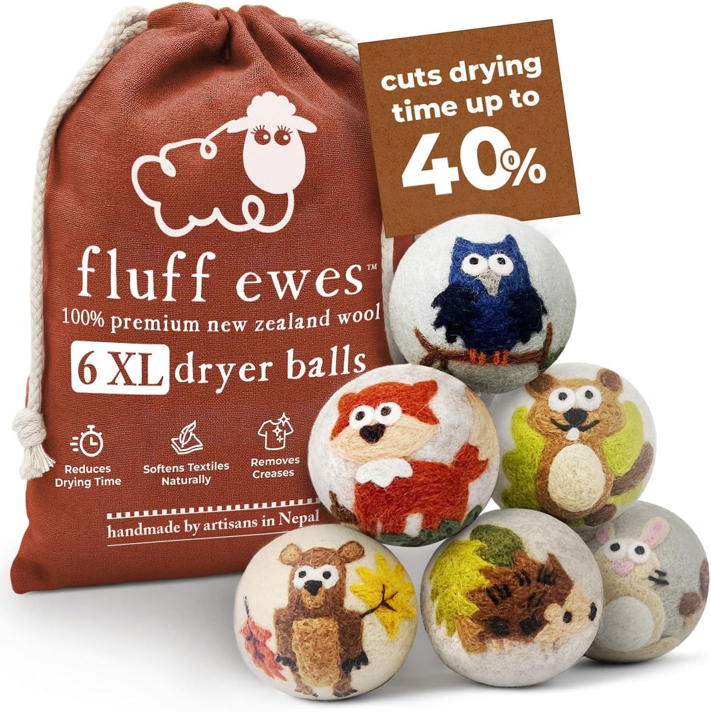Fluff Ewes Wool Dryer Balls 6 Pack Premium New Zealand Wool Laundry Balls for Dryer, No Static Dryer Balls Laundry Reusable, XL Hedgehog Dryer Balls, Baby Dryer Balls for Dryers - Hedgehog and Homies