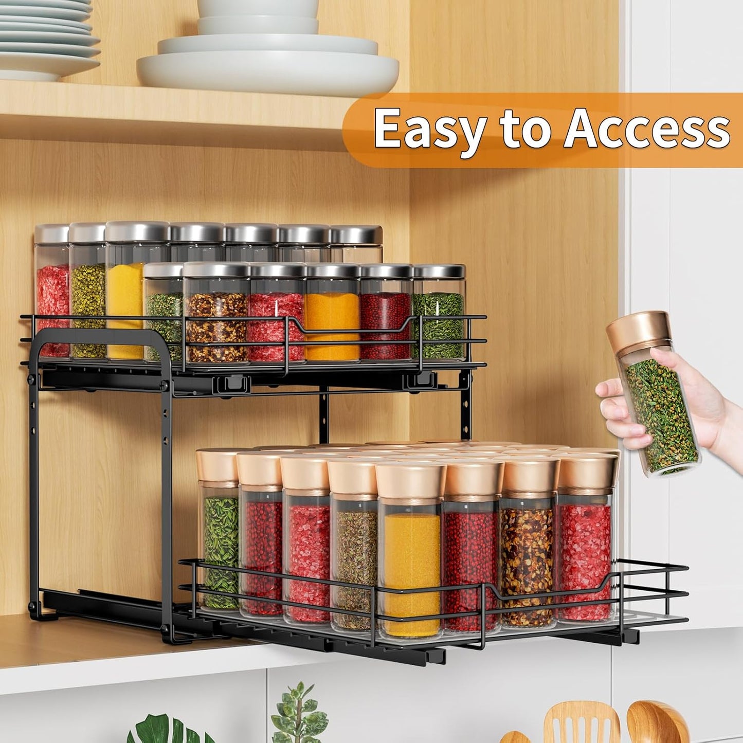 RCHYFEED Spice Organization for Cabinet,2 Tier Pull out Spice Rack Organizer for Inside Cabinets & Pantry, Slide out Heavy Duty Spice Shelf Rack for Kitchen Seasoning (11.5" Wx10.5 Dx9.5 H)