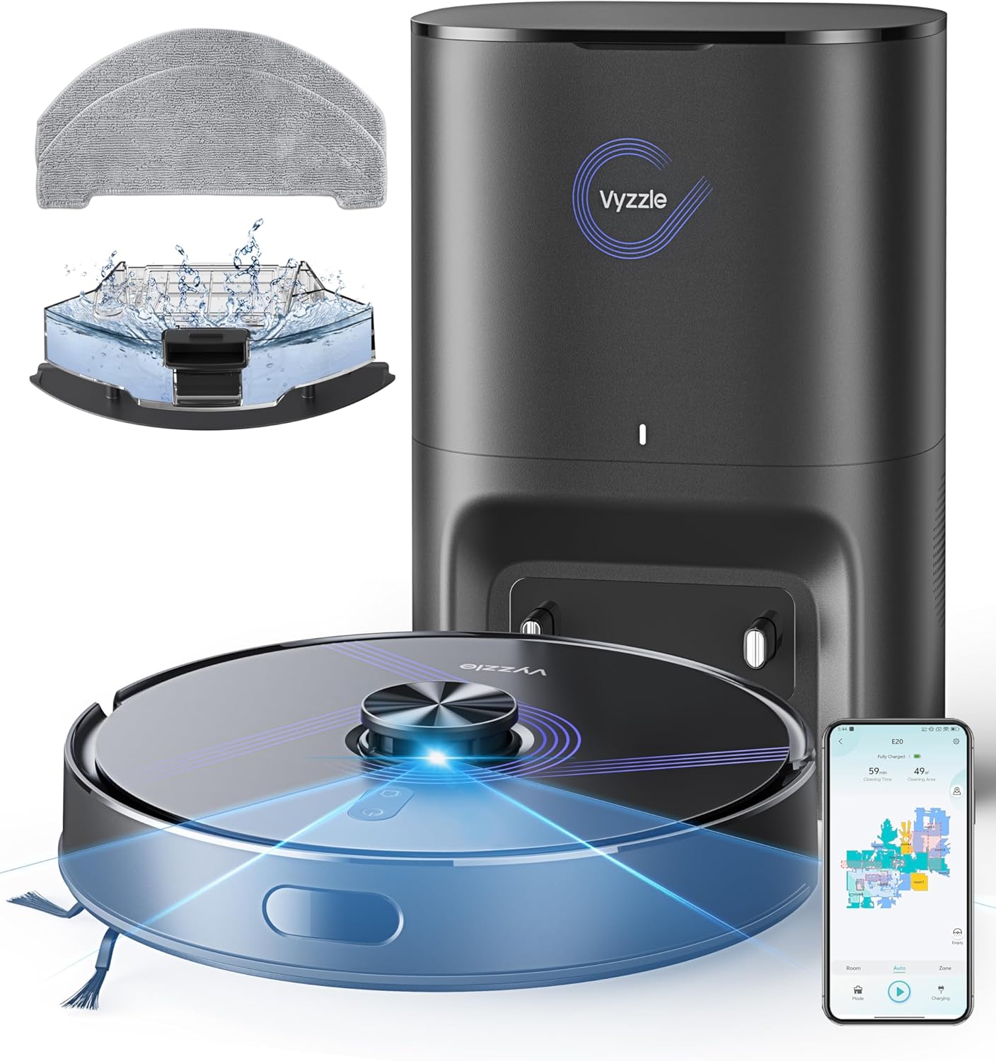 Vyzzle E20 Robot Vacuum and Mop, 60-Day Robot Vacuum Self Emptying, 5500Pa Suction, Zoned & Scheduled Cleaning, LiDAR Navigation, Vacuum Robot for Pet Hair, Carpets, Floors, WiFi/App/Voice Control