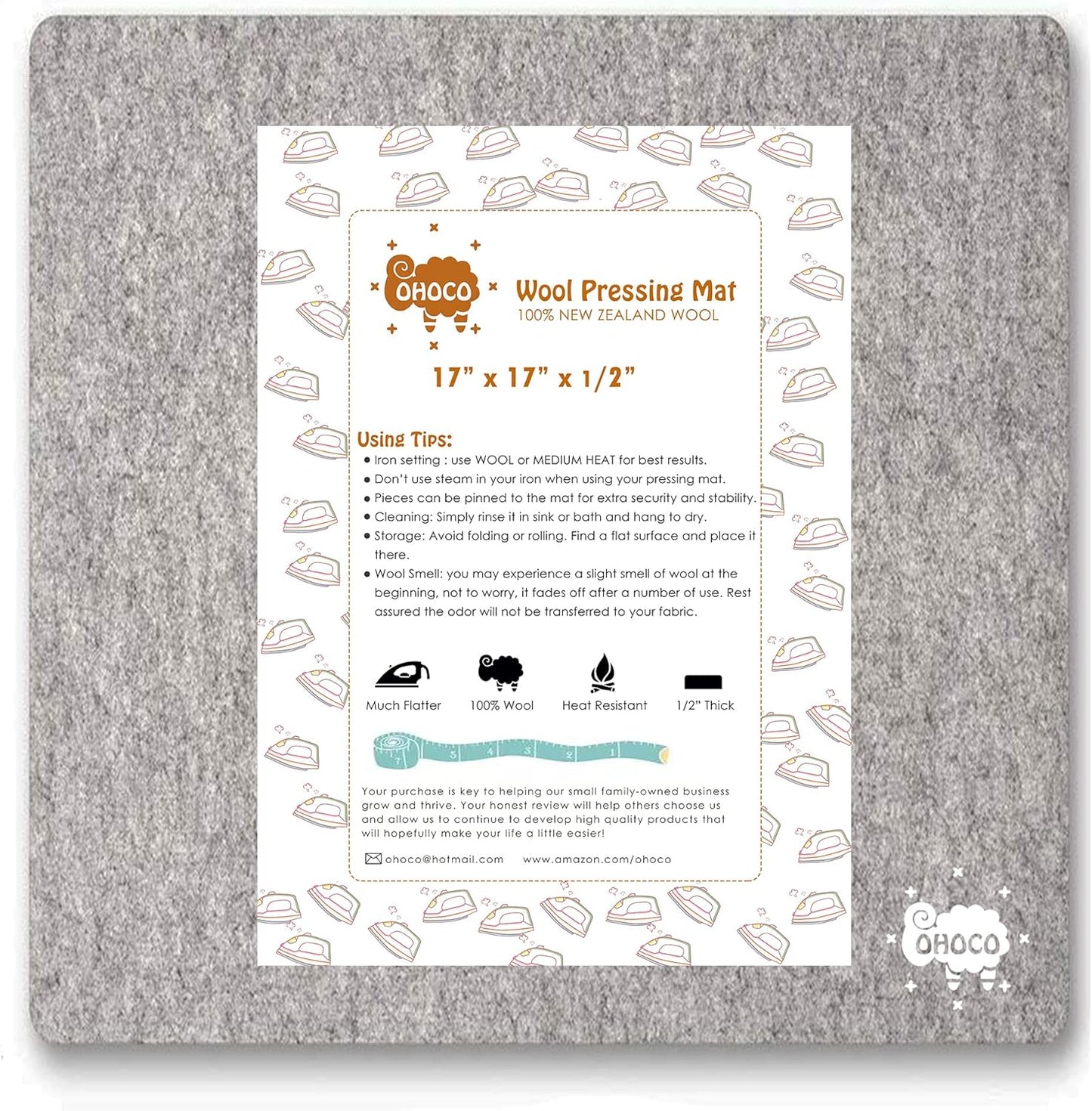 Wool Ironing Mat for Quilting - 17" x 17" XL Large Felt Ironing Pad 1/2" Thick, 100% New Zealand Wool Heat Resistant for Ironing, Sewing, Cutting on Ironing Board, Tabletop, Dryer, Countertop