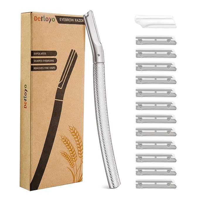 Eyebrow Razor and Face Razor for Women, Reusable Metal Handle with 12 Refill Blades and Protective Silicone Cap, Eyebrow Hair Trimmer - Silver