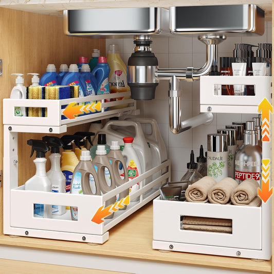 2-Pack 19"Deep Under Sink Organizer And Storage, 2-Tier L-Shaped Pull Out Cabinet Organizer with Upgraded Slide Rails, Height Adjustable Drawers for Kitchen&Bathroom, Extra-Large Storage Shelves–White