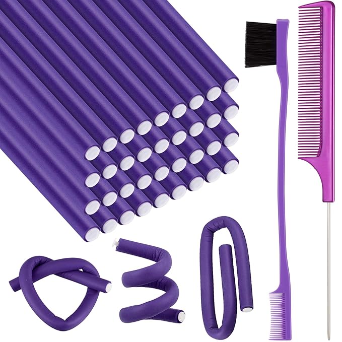 36 Pieces Flexible Foam Curling Rods Twist Foam Hair Roller Bendy Soft No Heat Rollers and Brush Rat Tail Comb for Women Short, Medium, Long Hair(0.32 x 9.4 Inch,Purple)