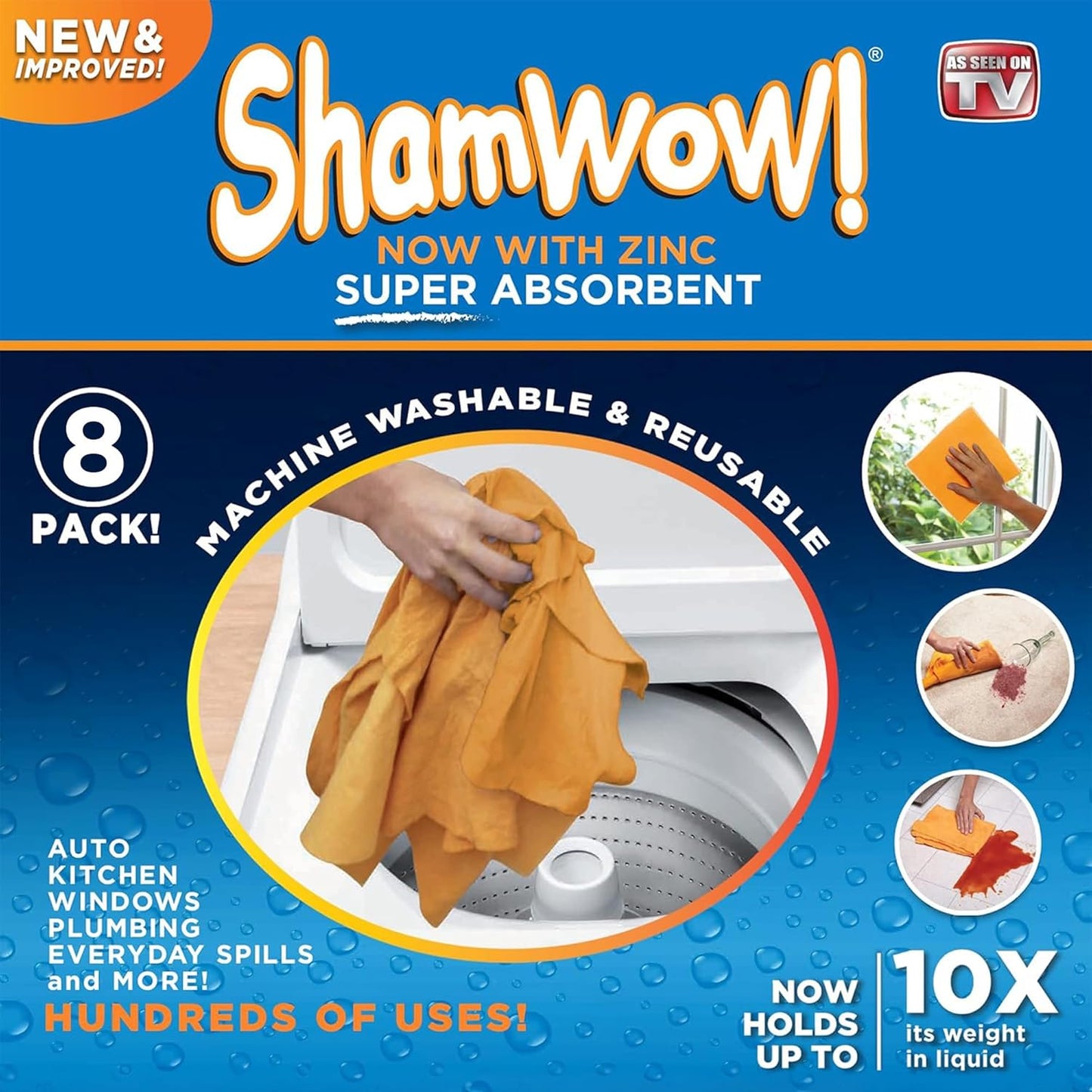 Original Shamwow - Super Absorbent Multi-Purpose Cleaning Shammy Chamois Towel Cloth - Holds 10X its Weight in Liquid - Machine Washable - Will Not Scratch (8 Pack, Orange)