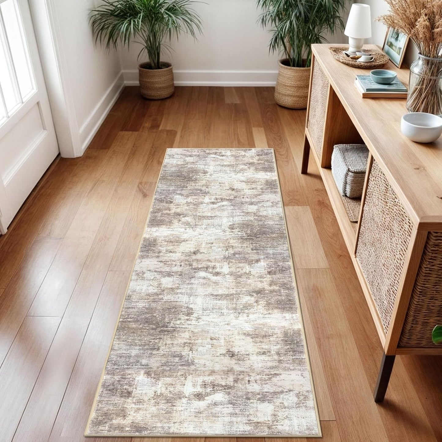 IOHOUZE Abstract Runner Rug 2x7 Ft Washable Runners for Hallways, Non Slip Kitchen Runner Printed Faux Wool Entryway Runners Indoor, Modern Abstract Floor Carpet for Hall Kitchen Bedroom, Beige Brown