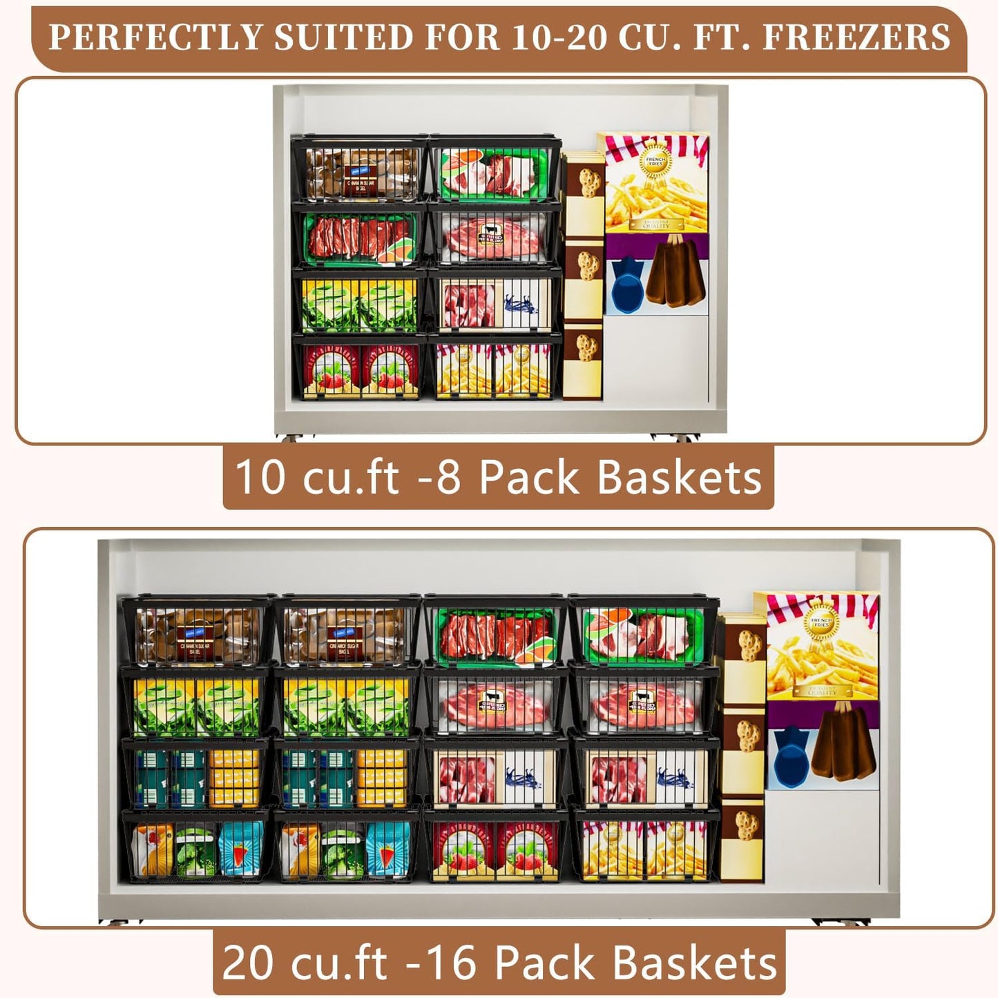 Large Freezer Organizer Bins，Upgraded Bottom Leak-Proof net，Fit 10 to 20 Cu Ft Chest Freezer，2 Pack， Expandable Stackable Chest Freezer Containers with Handle(Black-2Pack)