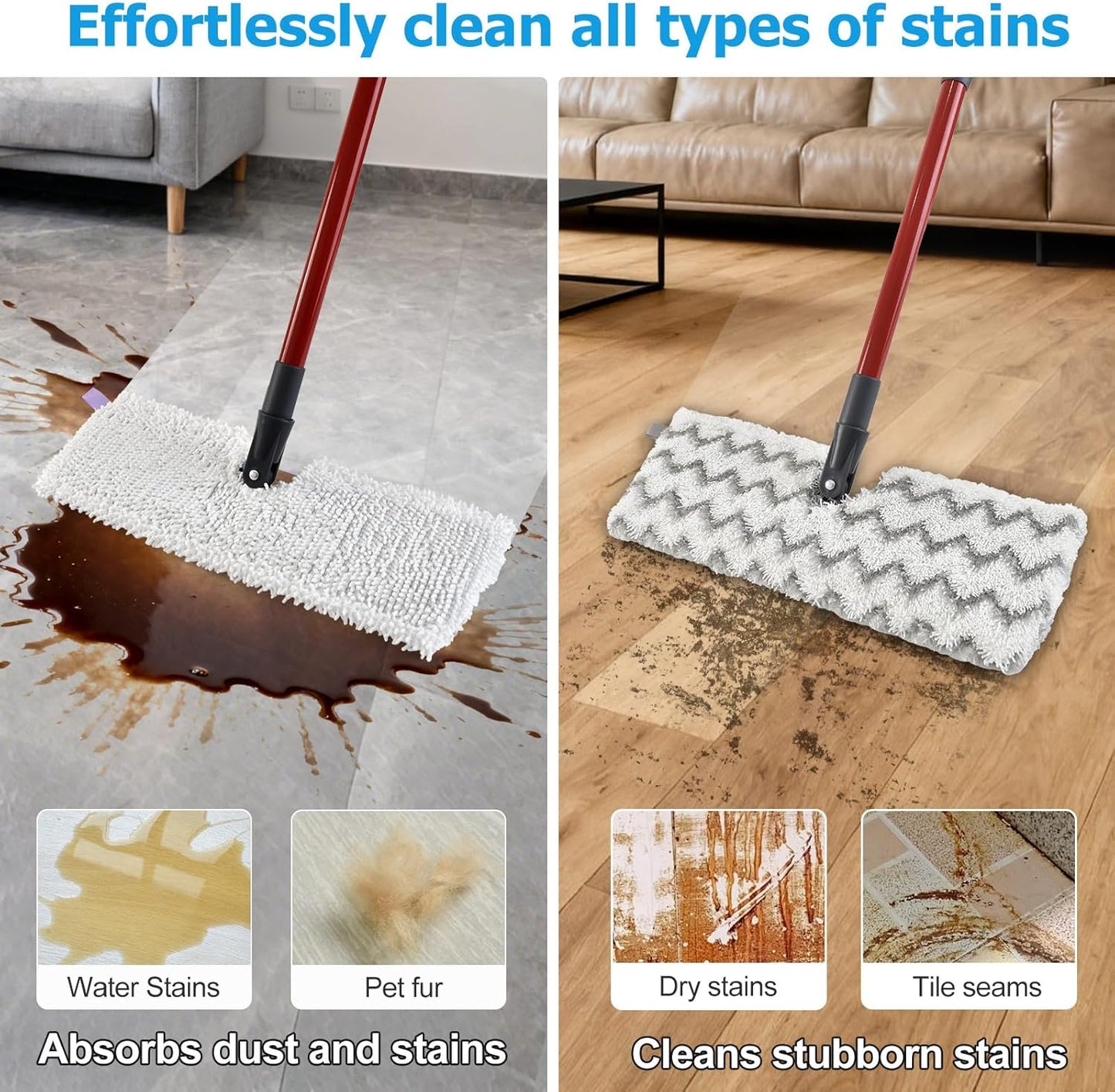 Microfiber Mops for Floor Cleaning, Dust Mop for Hardwood Floors with 2 Heavy Scrub Mop Pads, 2 Microfiber Pads and 4 Section Adjustable 58” Long Handle, Double-Sided Flip Flat Mops for Hardwood