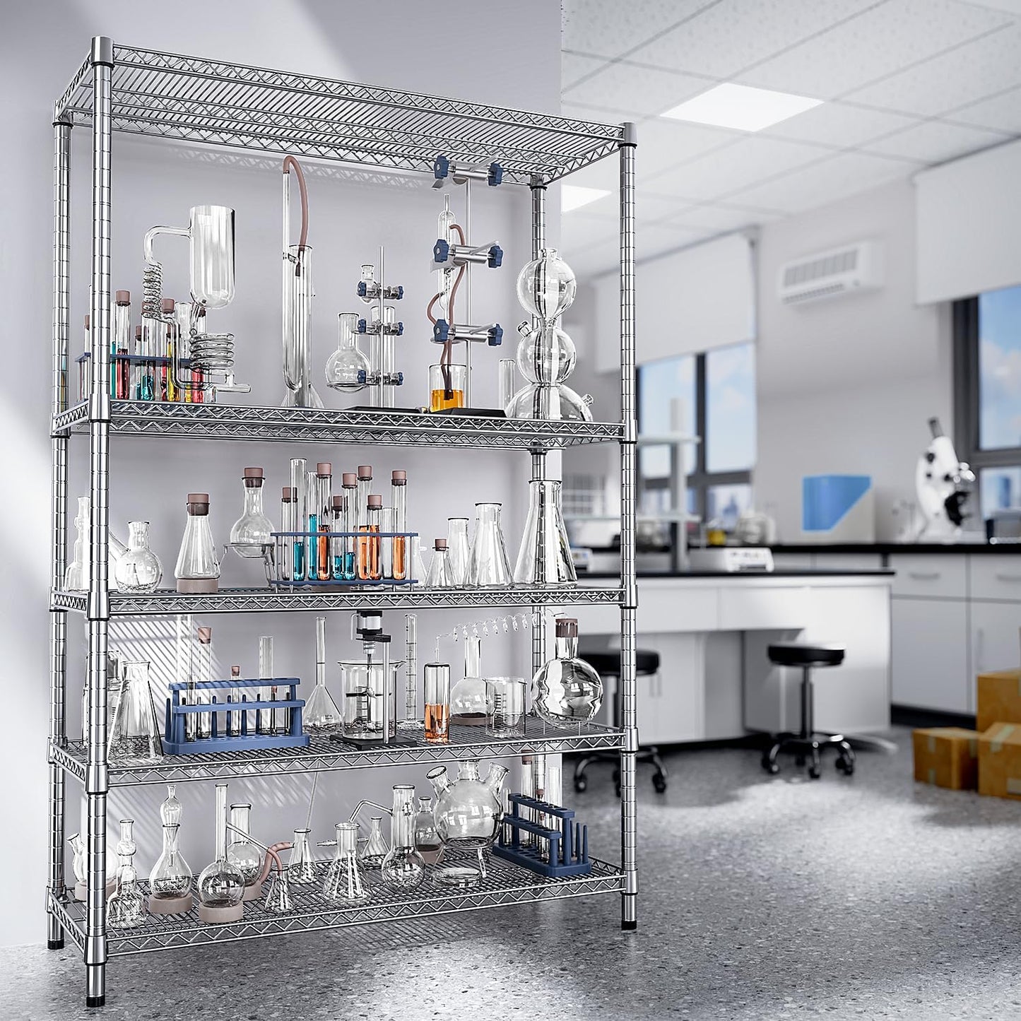 IZEUK 4250 LBS Garage Shelving Wide Storage Shelves 5 Tier Metal Shelves Heavy Duty Adjustable Utility Shelf Rack Chrome 17.7" D x 59.1" W x 70.4" H