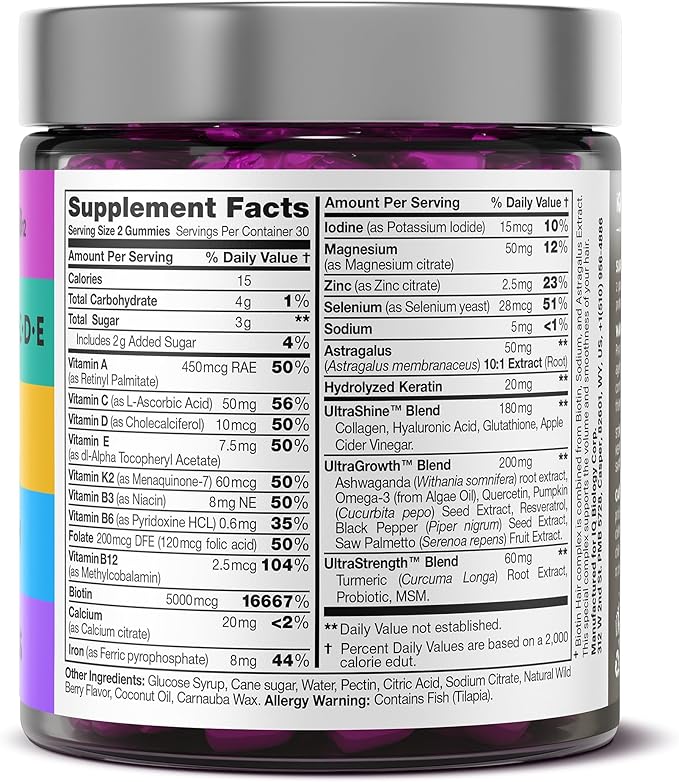Biotin Gummies for Hair, Skin and Nails - Hair Growth Vitamins for Women & Men - Hair Loss Gummy Supplement with Extra Strength Biotin (Vitamin B7), Collagen, Keratin & DHT Blocker - 60 Chewable Bears