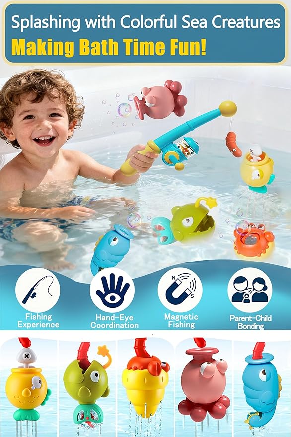 Bath Toys for Kids Ages 1-3 - Magnetic Fishing Toy Set (8 PCS) with 5 Floating Sea Animals, Net & Water Sprayer, Fun Baby Bath & Swim Time Activity, Ideal Gift for 1-6 Year Old Boys & Girls