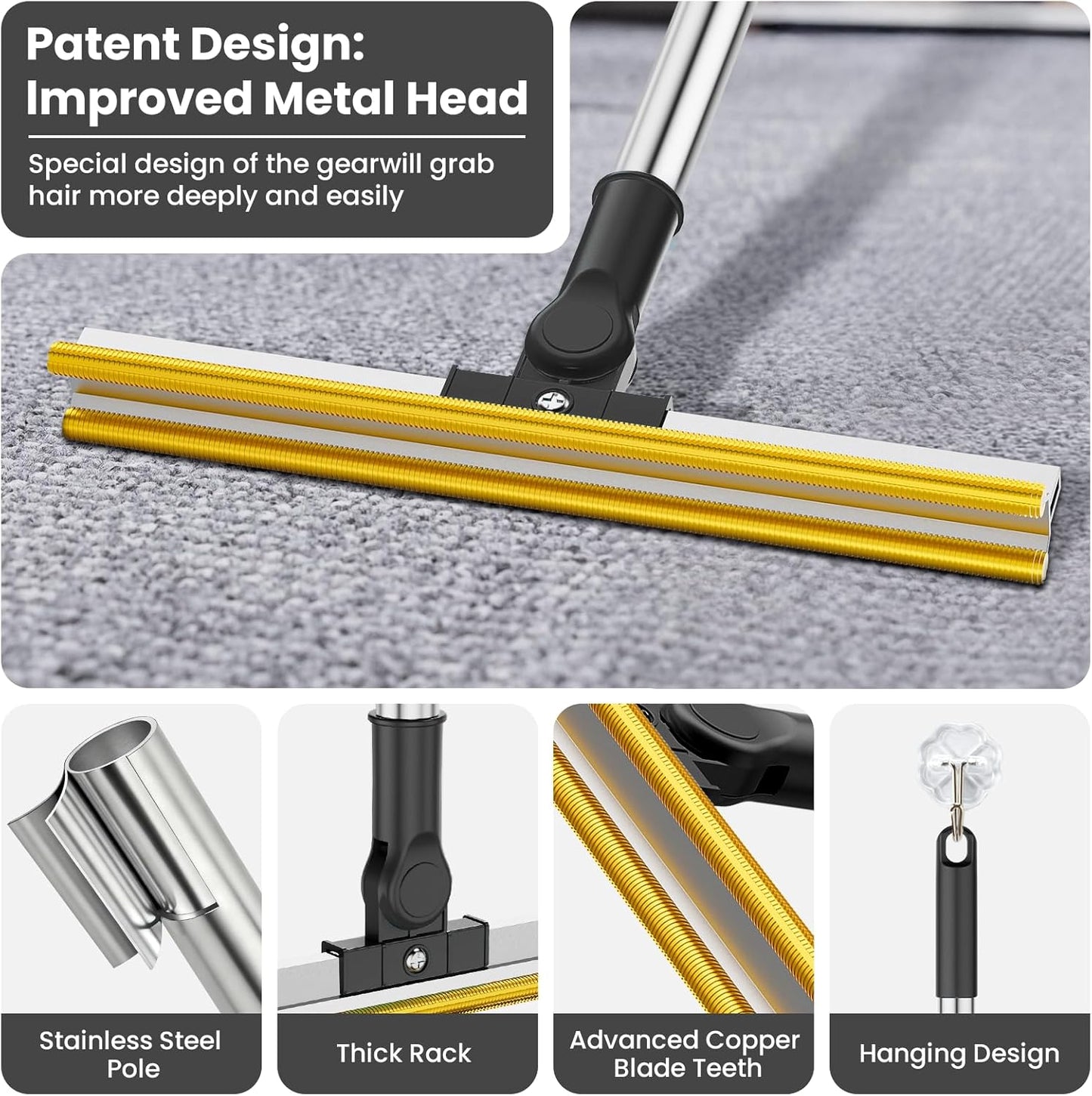 3 in 1 Carpet Rake for Pet Hair Removal, Tool Set of 3, 55” Long Handle Carpet Pet Hair Removal Carpet Scraper Dog Cat Hair Remover for Sofa, Couch, Car, Rug (Black)