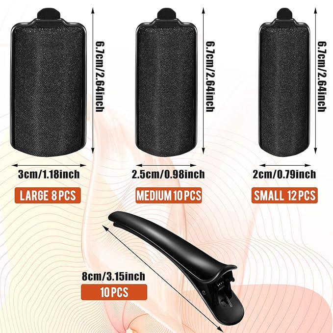 40 Pieces Sponge Hair Rollers Satin Rollers Silk Foam Rollers Women Hair Curlers with Duck Teeth Clips for Hairdressing Styling(Multi-size,Black)