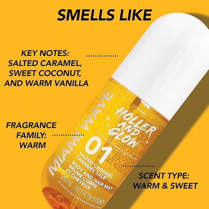 Holler and Glow Miami Wave Salted Caramel Body & Hair Mist, Body Spray For Women, Hair Perfume, Fragrance, Sweet Coconut, Vanilla Scented, Warm & Sweet Fragrance Notes, 8.11 Fl Oz