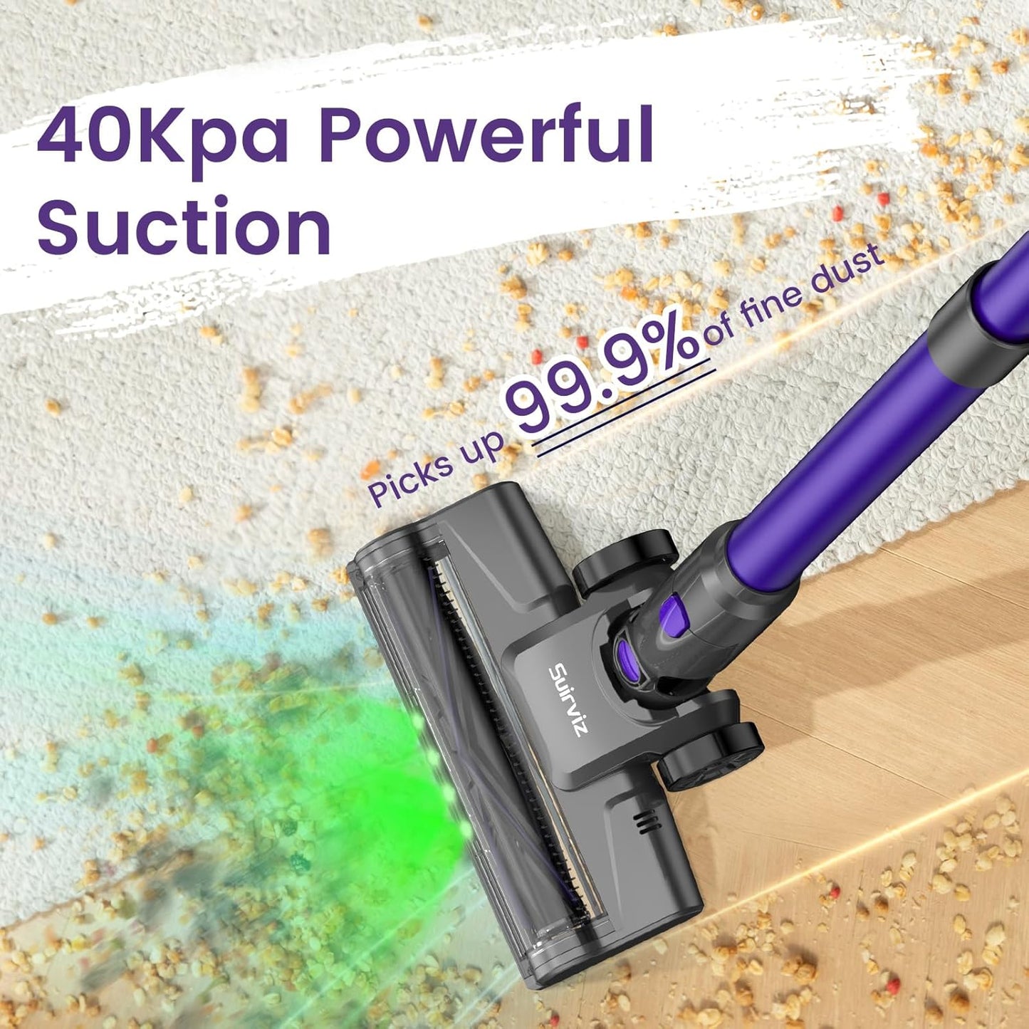 Cordless Vacuum Cleaner, 40KPA/35Mins, Green LED Light, Lightweight Stick Vacuum Self-Standing, Vacuum Cleaners for Home Handheld Vacuum for Pet Hair, Carpet, and Hard Floors, U8