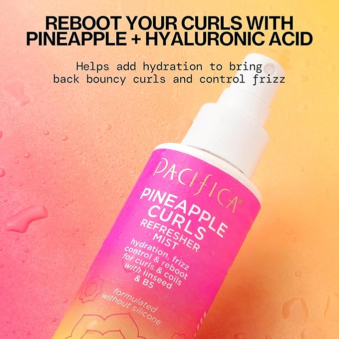 Pacifica Pineapple Curls Refresher Mist - Curl Refresher Spray, with Hyaluronic Acid, Vitamin B5 and Plant Oils, Vegan and Dermatologist Tested Curly Hair Products and Wavy Hair Products - 4 Fl Oz