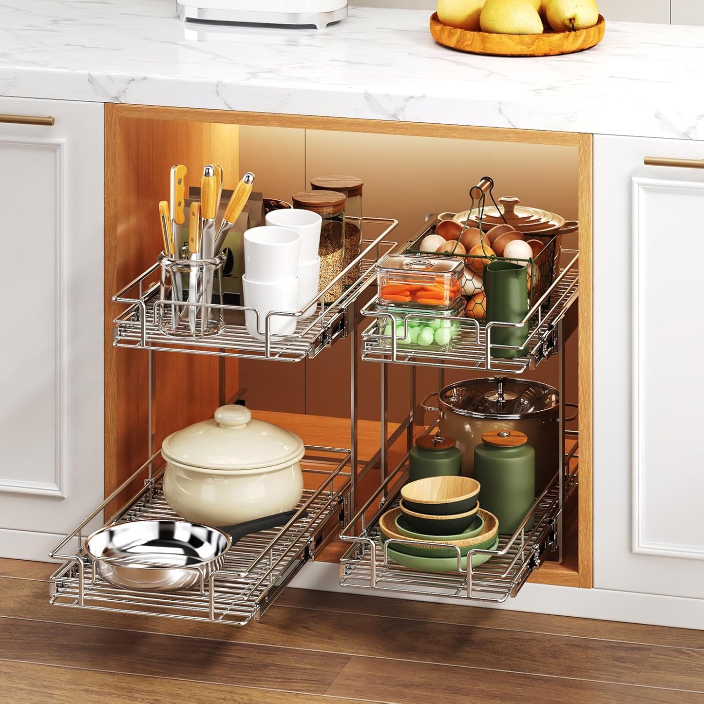 2 Tier Individual Pull Out Cabinet Organizer 15½" W x 21½" D, Heavy Duty Cabinet Pull Out Shelves, Slide Out Drawers Organization for Kitchen Cabinets Bathroom