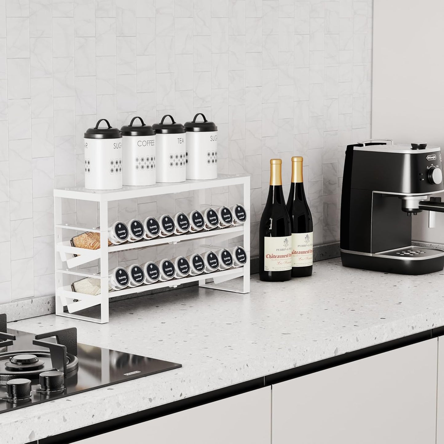 Expandable, Stackable, Adjustable Spice Rack kitchen Organizer,Metal Pantry Storage Shelves - Multi-Tier Shelf for Cabinet, Countertop, Pantries, Cupboard or Wall Mount,White