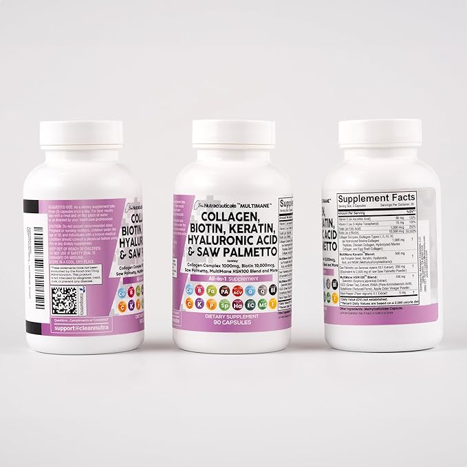 Clean Nutraceuticals Collagen Pills 1000mg Biotin 10000mcg Keratin Saw Palmetto Hyaluronic Acid - Hair Skin & Nails Vitamins & DHT Blocker with Vitamin E Folic Acid Pumpkin Seed MSM - 90 Count