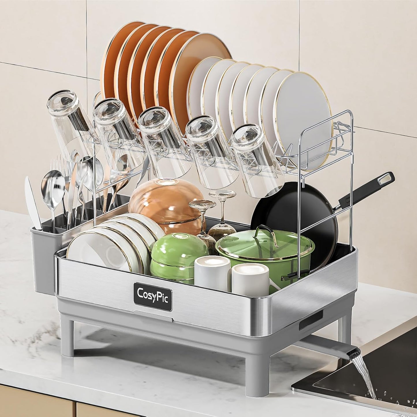 2 Tier Dish Drying Rack, Thicker Premium 304 Stainless Steel Dish Racks for Kitchen Counter, Automatic Drainage Spout, Dish Drainer & Drainboard Set with Utensil Holder and Cup Holder, Grey