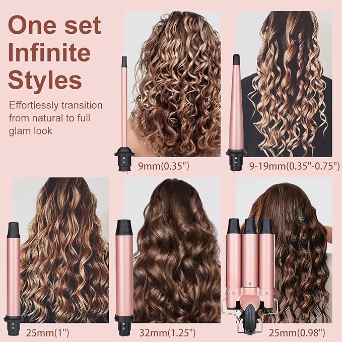 5 in 1 Curling Wand Set, Three Barrel Curling Iron Set with 3 Barrel Curling Iron and 4 Interchangeable Ceramic Curling Wand(0.5”-1.25”), Fast Heating, Include Glove & 2 Clips