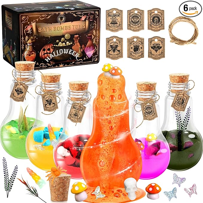 Kids Bath Bomb Potions, 6 Pack – Magic Potion Bubble Bath Bombs with 13 Mini Toy for Toddlers Ages 3-8, Rich in Natural Essential Oils, Science Soap Potion Bottles Kit & Halloween Fizzes Eruption Gift