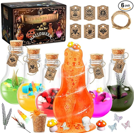 Kids Bath Bomb Potions, 6 Pack – Magic Potion Bubble Bath Bombs with 13 Mini Toy for Toddlers Ages 3-8, Rich in Natural Essential Oils, Science Soap Potion Bottles Kit & Halloween Fizzes Eruption Gift