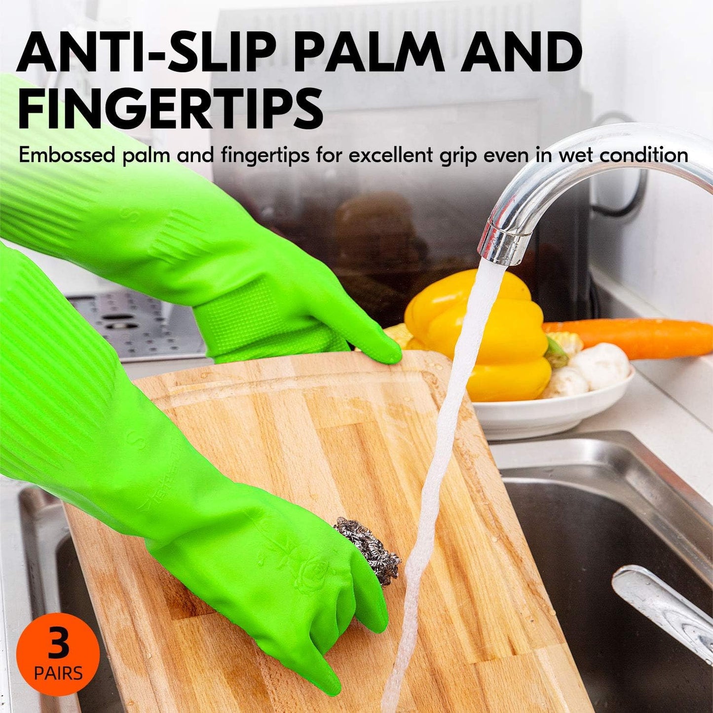 Vgo... 3-Pairs Dishwashing Gloves - Reusable Household, Kitchen, Long Sleeve, Thick Latex, Cleaning, Washing, Working, Painting, Gardening, Pet Care (Size S, Green, RB2143)