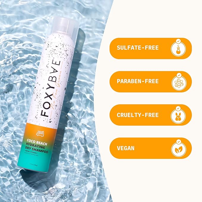 FoxyBae Coco Beach Hydrating Dry Shampoo – Waterless Biotin & Vitamin E Spray for All Hair Types – Absorbs Oil, Adds Volume & Texture – Sulfate & Paraben-Free with Beachy Coconut Scent – 7 fl oz