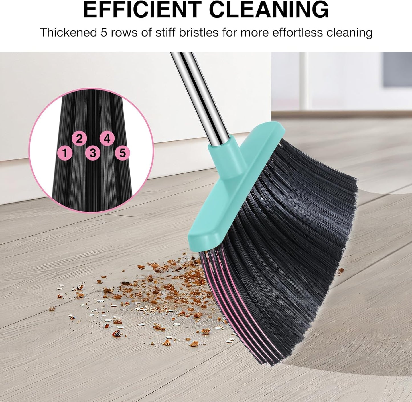 Broom and Dustpan Set, 52-in Long Adjustable Handle Broom Dustpan Combo with Dust pan Teeth to Automatically Clean Hair Suitable for Home Kitchen Office Hall Floor (Pink&Blue), 2 Pack