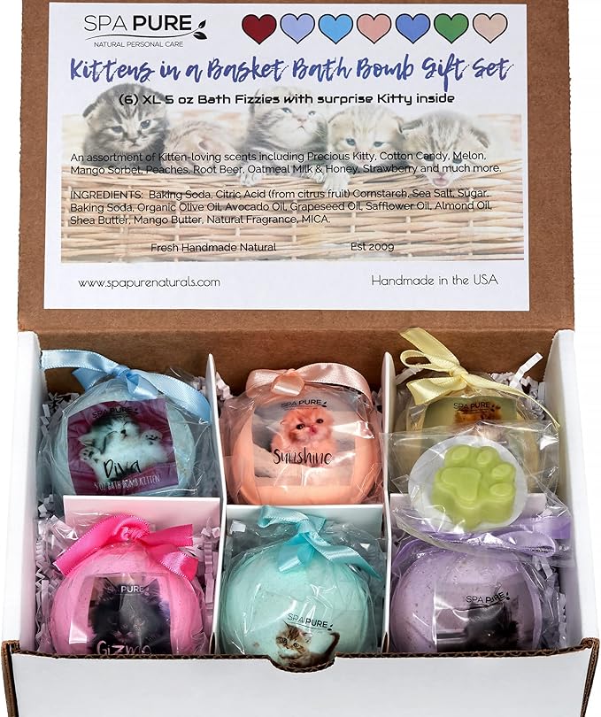 Spa Pure Kittens in Basket: 6 Adorable Kittens Hiding Inside Each Colorful Bath Bomb, XL 5 oz Each (6 Count) Pack of 1, Multicolor