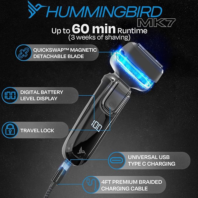 HUMMINGBIRD MK7 Premium Foil Face Shaver, Four Blade Foil Shaver with Long Hair Leveler, Electric Razor for Men, Waterproof Wet & Dry Shave, Cordless USB-C Rechargeable, LED Display, Travel Case