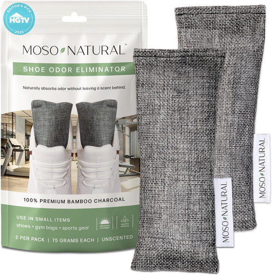 Moso Natural Shoe Deodorizer Inserts, Charcoal Odor Absorber for Shoes, Gym Bag & Boot Deodorizer, Long-Lasting Shoe Odor Elimination, Unscented Air Purifying Bags (Two Per Pack)