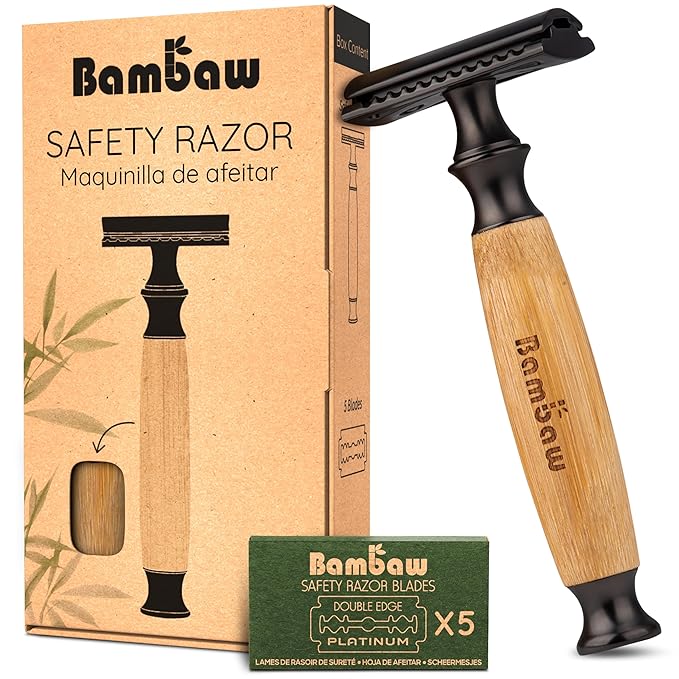Bambaw Safety Razors for Men & Women, Reusable Razor with 5 Blades, Double Edge Safety Razor, Eco-Friendly & Plastic Free – Thick Bamboo Black