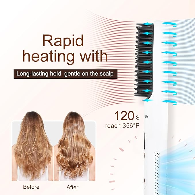 Hair Straightener Brush - Straightening Comb with Negative Ions for Women, 10 Temp Settings Dual Voltage Professional Styling Tools, Anti-Frizz