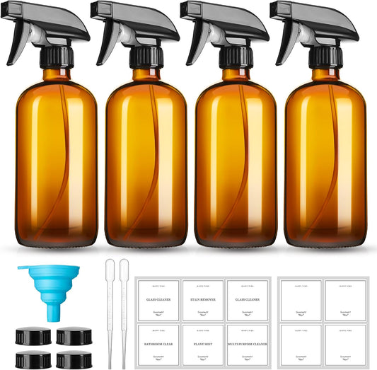 16oz Amber Glass Spray Bottles,4 Pack Glass Spray Bottles Refillable Empty Bottle with Adjustable Nozzle,Spray Bottle for Cleaning,Essential Oils,Cleaning,Pets,Plant, Hair Mister