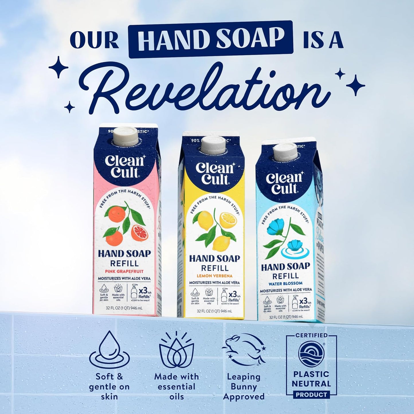 Cleancult Liquid Hand Soap Refill - Water Blossom - Moisturizes Dry & Sensitive Skin - Made with Aloe Vera & Essential Oils - Eco Friendly - Paper-Based Packaging - 32 oz/1 Pack