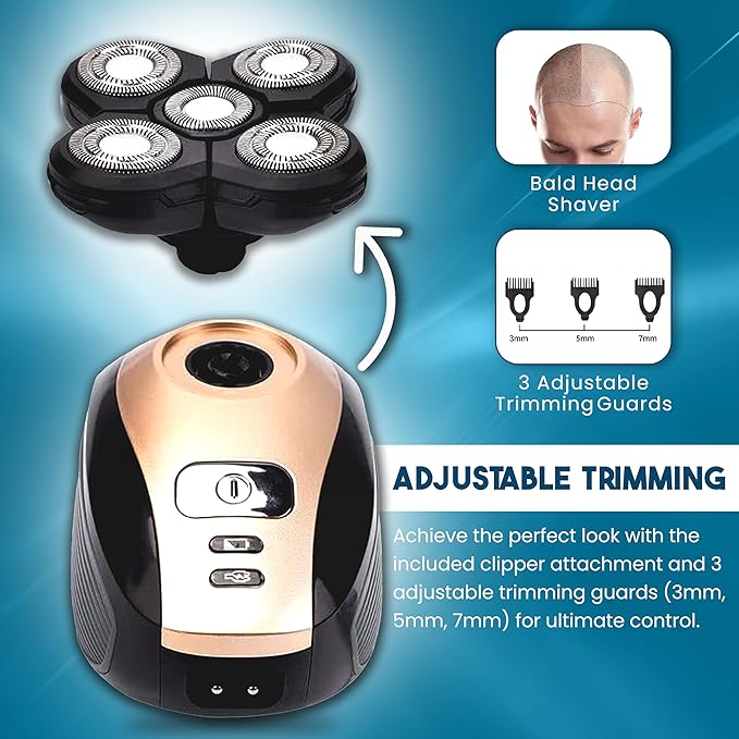 5-in-1 Rotary Electric Razor Bald Head Shaver | 4D Rechargeable and Cordless Beard Trimmer | Includes Skull Shaver, Clippers, Nose Hair Trimmer, Face Scrubber & Facial Cleansing Brush