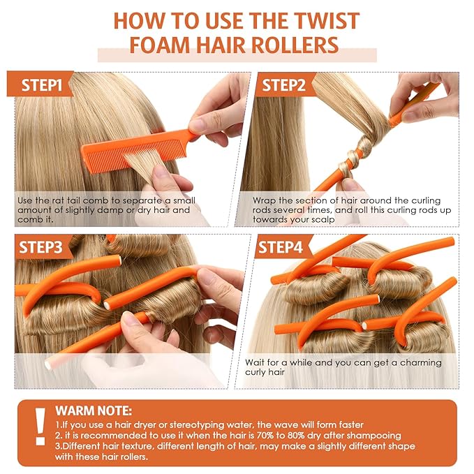 Syhood 30 Pcs 7'' Flexible Curling Rods Twist Foam Hair Rollers Soft Foam No Heat Hair Rods Rollers and 1 Steel Pintail Comb Rat Tail Comb for Women Long Short Hair(Orange,7 x 0.3 Inch)