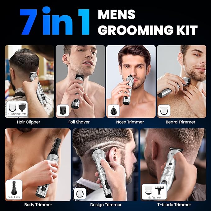 Ufree Beard Trimmer for Men, 7 in 1 Electric Shavers Razor, Cordless Hair Trimmer, Men's Grooming Kit for Body Hair, Nose, Face & Mustache, Birthday Gifts for Men, Husband Father