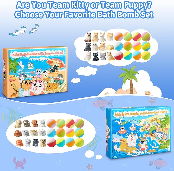 Bath Bombs for Kids with Surprise Inside, 24 Pack Kids BathBombs with Puppy & Cat Toys, Child-Safe Natural Bath Bombs with Toys Inside for Girls and Boys, Birthday Party Favors