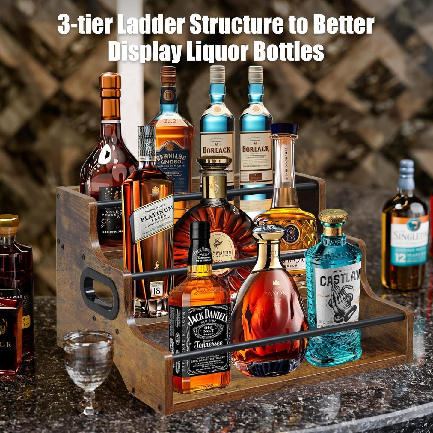 AT-VALY 3-Tier Spice Rack, Iron&MDF Kitchen Storage Shelf, Space-Saving Countertop Organizer for Spices, Herbs, Seasonings, Sturdy Stylish Condiment Holder,Countertop Wine Rack (Rustic Brown)