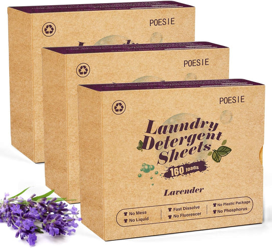 Poesie Laundry Detergent Sheets Lavender Scent 3 Pack 480 Sheets 240 Loads Laundry Strips No Plastic Jug Liquidless Travel Portable Laundry Detergent HE for Camping Dorm Life