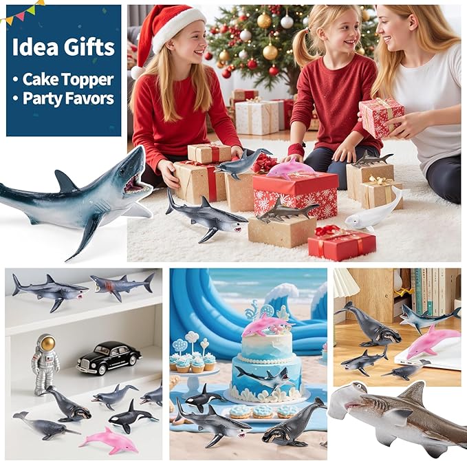 10PCS 5" Sea Animal Toys for Toddlers, Bath Ocean Animal Whale Shark Figurines Toys for Kids, Cake Toppers Birthday Party Favors & Gifts for Boys & Girls