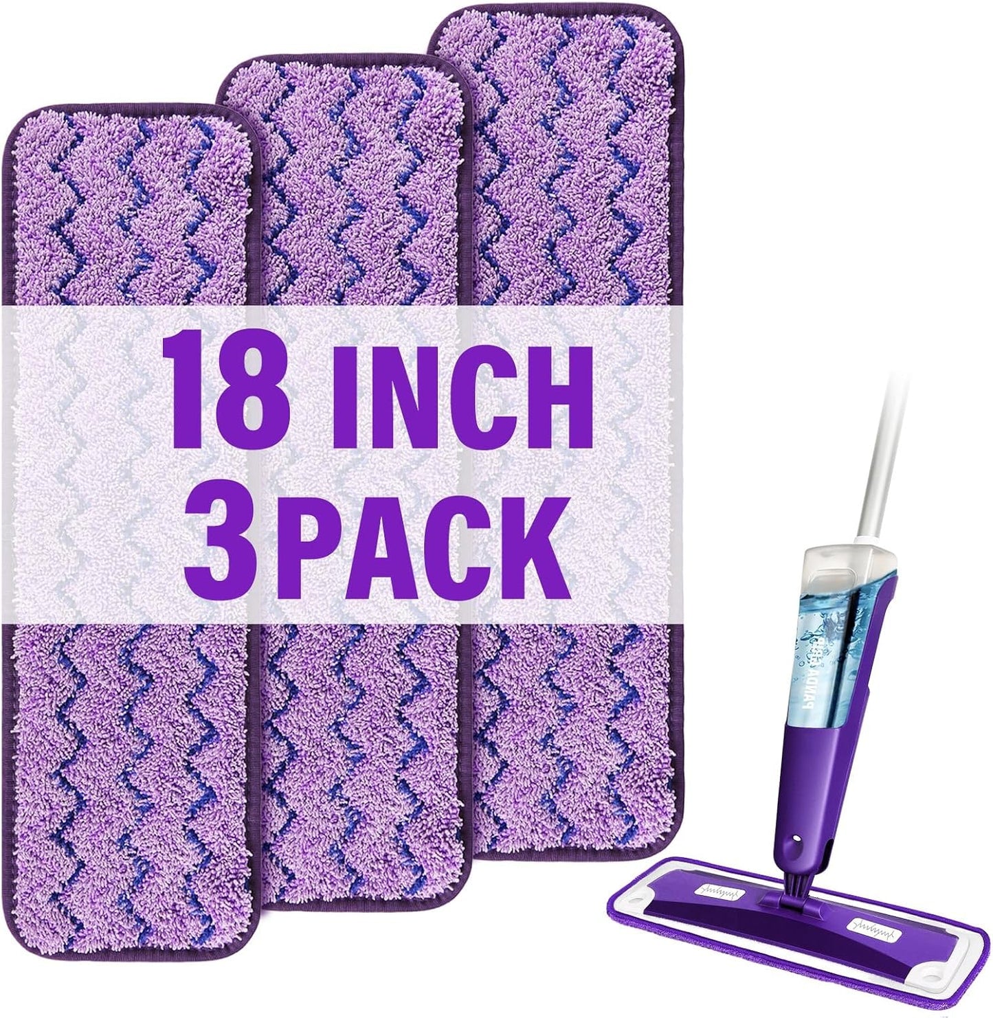18 inch Mop Pads Refills, 3 Pack Microfiber Reusable Replacement Mop Pads Flat Replacements Heads for Wet Or Dry Floor Cleaning and Scrubbing, Blue & Purple Cloth